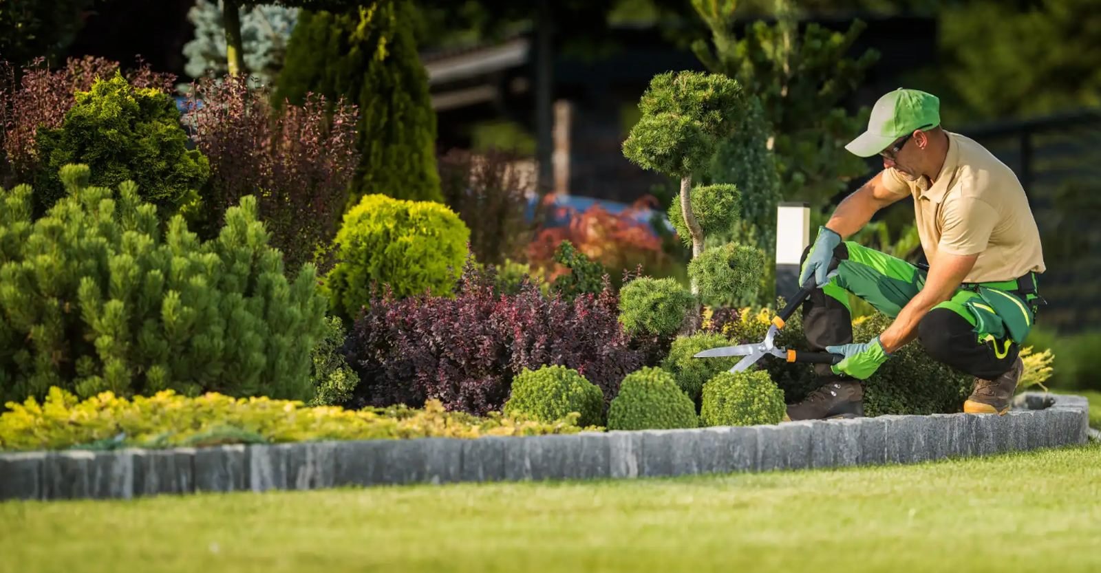 Gardener trimming shrubs in a landscaped garden bed